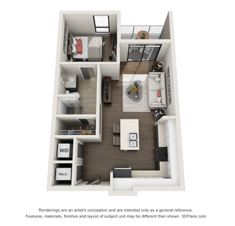 Floor plan for 1 bed, 1 bath, 541 sqft